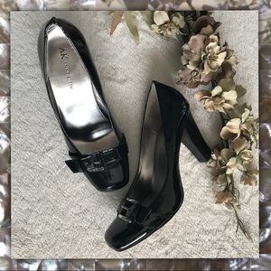 ANNE KLEIN Black Patent Leather Heels Buckle Pumps